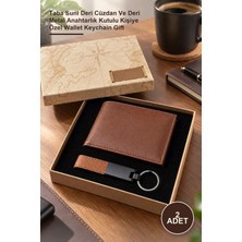 Yenilig 2 Adet Erkek Cüzdan Anahtarlık Hediye Seti – Taba Suni Deri Cüzdan ve Deri Metal Anahtarlık Kutulu Kişiye Özel Wallet Keychain Gift