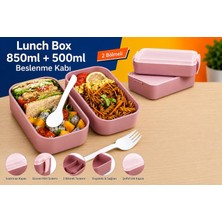 Store Dordoi Astrallife 2 Katlı Beslenme Kabı 850 ml + 500 ml Bölmeli Lunch Box Çatal Kaşık Seti Pembe Renk