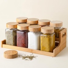 Store 9 Parça Bambu Standlı Cam Baharatlık Seti - Doğal Bambu Kapaklı Iki Katlı Tezgâh Üstü Düzenleyici