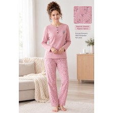 Lindros Kadın Düğme Yaka Raporlu Interlok Kışlık Pijama Takımı 02739 - 1 Adet