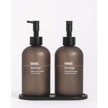 Store Bulaşık Deterjanlık ve Sabunluk Seti Bambu Tepsili Şık Ikili Set Siyah Beyaz Modern Tasarım Kompozit Malzemeli Mutfak Tezgah Üstü Organizer (Gri Vintage)