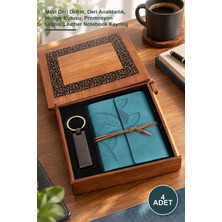 Yenilig 4 Adet Ahşap Kutulu Deri Defter ve Anahtarlık Set – Mavi Deri Defter, Deri Anahtarlık, Hediye Kutusu, Promosyon Ürünü, Leather Notebook Keyring