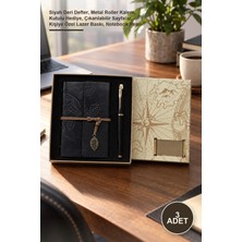 Yenilig 3 Adet Hediyelik Defter Kalem Seti – Siyah Deri Defter, Metal Roller Kalem, Kutulu Hediye, Çıkarılabilir Sayfalar, Kişiye Özel Lazer Baskı, Notebook Pen