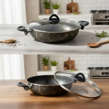 Store Desert Sunday 26 cm Karnıyarık ve Pilav Tenceresi - Siyah Zemin Üzeri Gold Izmir Desenli Yanmaz Yapışmaz Cam Kapaklı Sığ Tencere