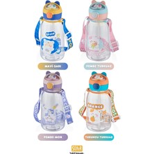 Store Vagonlife 760ML Sevimli Kedi Figürlü Silikon Pipetli Özel Askılı Polikarbon Çocuk Su Matarası (Turuncu-Turkuaz)