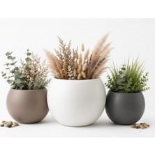 Store Zevli Japandi Tarzı Modern Küre Saksı 3'lü Set - Su Sızdırmaz Dekoratif Salon ve Balkon Saksısı Hediyelik Çiçeklik Seti (Mermer Beyazı, Antrasit ve Mocha, Bir Büyük Iki Orta)