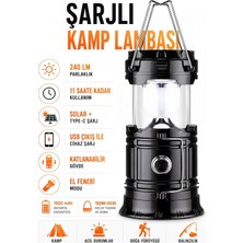 Store 3 Fonksiyonlu Şarjlı Solarlı Kamp Lambası El Feneri Powerbank Özellikli Taşıma Kulplu Siyah 5800T