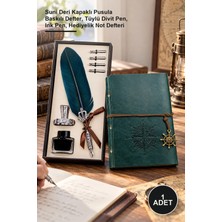 Yenilig 1 Adet Deri Defter ve Tüylü Mürekkepli Divit Kalem Seti – Suni Deri Kapaklı Pusula Baskılı Defter, Tüylü Divit Pen, Ink Pen, Hediyelik Not Defteri