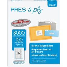 Store Lazer ve Mürekkep Püskürtmeli Yazıcılar Için Pres-A-Ply Etiketler, 5 x 1.75, Beyaz, 8000'LI Kutu (30640)