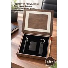 Yenilig 4 Adet Ahşap Kutulu Mat Siyah Kalem Anahtarlık ve Çakmak Seti – Promosyon Hediye, Kişiye Özel Lazer Kazıma, Touchpen Pen Lighter