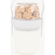 Defne Store 650 ml Take-Go Kaşıklı Hazneli Meyveli Müsli Kabı Piknik Iş Yoğurt Süt Bardağı Kapaklı ve Kaşıklı Kahvaltı Bardakları, Tahıl Tepesi Yulaf Ezmesi Granola (Beyaz)