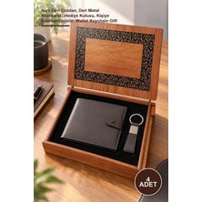 Yenilig 4 Adet Ahşap Kutulu Deri Cüzdan ve Anahtarlık Seti – Suni Deri Cüzdan, Deri Metal Anahtarlık, Hediye Kutusu, Kişiye Özelleştirilebilir, Wallet Keychain Gift