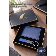 Yenilig 3 Adet Mavi Deri Cüzdan ve Anahtarlık Seti – Suni Deri Erkek Cüzdan, Deri Metal Anahtarlık, Kutulu Hediye, Wallet Keychain Gift Set