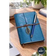 Yenilig 1 Adet Yaprak Desenli Deri Defter ve Lacivert Metal Roller Kalem Seti – Termo Deri Çizgisiz Ajanda, Lacivert Metal Roller Kalem Roller Pen, Hediye Seti