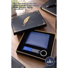 Yenilig 5 Adet Mavi Deri Cüzdan ve Anahtarlık Seti – Suni Deri Erkek Cüzdan, Deri Metal Anahtarlık, Kutulu Hediye, Wallet Keychain Gift Set