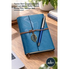 Yenilig 3 Adet Yaprak Desenli Deri Defter ve Lacivert Metal Roller Kalem Seti – Termo Deri Çizgisiz Ajanda, Lacivert Metal Roller Kalem Roller Pen, Hediye Seti