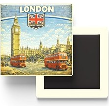 Defne Store Retro Birleşik Krallık Londra Şehri Temalı Vintage Buzdolap Magneti, 9x9 cm
