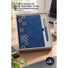 Yenilig 10 Adet Tarihsiz Defter Ajanda Kalem Seti – Kutulu Gri Desenli Vip Hediye, Metal Roller Kalem, Mavi Deri Kapak Notebook