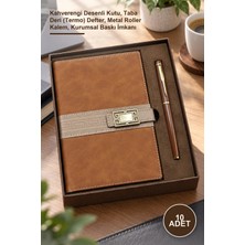 Yenilig 10 Adet Hediyelik Defter Kalem Seti – Kahverengi Desenli Kutu, Taba Deri (Termo) Defter, Metal Roller Kalem, Kurumsal Baskı Imkanı
