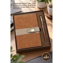 Yenilig 3 Adet Hediyelik Defter Kalem Seti – Kahverengi Desenli Kutu, Taba Deri (Termo) Defter, Metal Roller Kalem, Kurumsal Baskı Imkanı