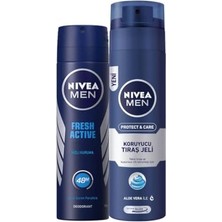 Defne Store Men Erkek Sprey Deodorant Fresh Active 48 Saat Deodorant Koruması 150 ml ve Men Protect&care Tıraş Jeli 200 Ml, Kuru Ciltler Için, Pürüzsüz Tıraş