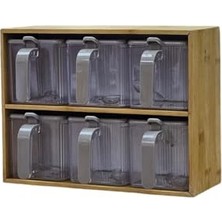 Defne Store Baharatlık Takımı, Bambu Standlı 6'lı Takımı Kaşıklı 13 Parça Pratik Saklama Kabı