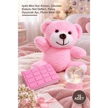 Yenilig 10 Adet Peluş Pembe Ayıcık Hediye Seti – Işıklı Mini Kar Küresi, Çikolata Kokulu Not Defteri, Peluş Oyuncak Ayı, Plush Bear Gift