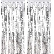 Defne Store Gümüş Metalize Püsküllü Kapı Perdesi, Arka Fon Süsü, 4 Adet, 45 cm × 200 cm