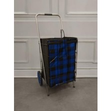 Defne Store Mavi Kareli Pazar Arabası, 05 mm Tel, 55X36 cm Çanta, Makinede Yıkanabilir