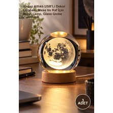 Yenilig 3 Adet Dolunay Cam Küre – Ahşap Altlıklı Usb'li Dekor Lambası, Masa ve Raf Için Moon Lamp, Glass Globe