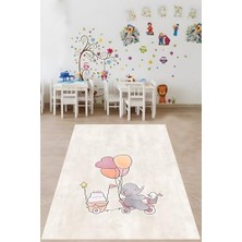 Defne Store Pasta Taşıyan Balonlu Sevimli Fil Yıkanabilir Kaymaz Taban Leke Tutmaz Çocuk Odası Halısı, Gri-Beyaz 80 x 600