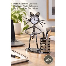 Yenilig 5 Adet Metal Saksafon Çalan Kedi Masa Saati – Metal Kalemlikli Dekoratif Müzisyen Figür, Saksafon Kedi, Clock ve Pen Holder