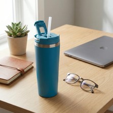 660 ml Pipetli Paslanmaz Çelik Termos Kupa - 4 Renk Seçeneği (Krem, Yeşil, Siyah, Mavi) - Büyük Boy (Venti) Sıcak ve Soğuk Tutan Mug (Mavi)