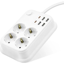 Aydogan's Ayd Topraklı Termal Akım Korumalı Uzatma Kablosu Anahtarlı 4 Priz 4 USB 2 Type-C 2 M Beyaz SH462