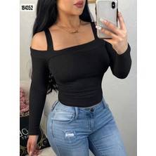 Pusula Sepeti Kadın Uzun Kollu Madonna Yaka Askılı Krop Kaşkorse Bluz