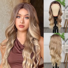 Marsilyan Kumral Dore Sarı Ombre  ve Röfleli Fiber Sentetik Geniş Dalgalı Tül Peruk