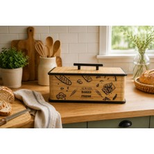 Kitchen Line Always Baked Fresh Yazılı Ahşap Ekmeklik – Kapaklı Modern Ekmek Saklama Kutusu , Ekmek Sepeti