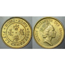 Banknoting Hong Kong 50 Cent 1990 Ingiltere Hakimiyeti Kraliçe Iı. Elizabeth 22,5 Mm. Çilaltı.