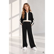Cansın Mini Siyah Kız Çocuk Fermuar Yaka Crop Sweatshirt Şeritli Geniş Paça Eşofman Takımı 24941