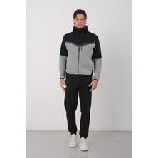 Dechers Erkek Siyah Tech Fleece Double Face Kapüşonlu Fermuarlı Eşofman Takımı - E228