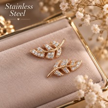 Stainless Steel Gold Renk Yaprak Desenli Zirkon Taşlı Çelik Küpe