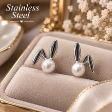 Stainless Steel Gümüş Renk Tavşan Kulak Tasarımlı Inci Taşlı Çelik Küpe