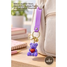 Yenilig 2 Adet Kalpli Ayıcık Silikon Anahtarlık – Silikon Anahtar Süsü, Sevimli Ayı ve Kalp Figürü, Anahtar Zinciri, Keychain