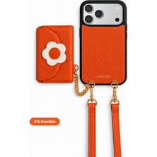 COGURE Hera iPhone 18 Pro / 17 Pro Uyumlu Çiçek Magsafe Cüzdan, Askı, Kılıf 3'lü Turuncu Set