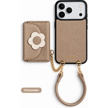 COGURE Hera iPhone 18 Pro / 17 Pro Uyumlu Çiçekli MagSafe Cüzdan, Bileklik, Kılıf 3'lü Kahverengi Set