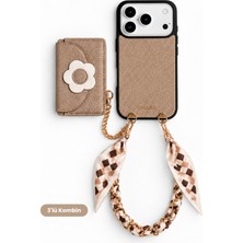 COGURE Hera iPhone 18 Pro / 17 Pro Uyumlu Çiçekli Magsafe Cüzdan, Fularlı Askı, Kılıf 3'lü Kahverengi Set