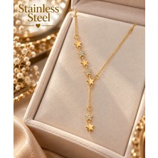 Stainless Steel Gold Renk Zirkon Taşlı Yıldız Detaylı Y Model Çelik Kolye
