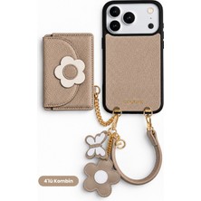 COGURE Hera iPhone 18 Pro / 17 Pro Uyumlu Çiçek Magsafe Cüzdan, Charm, Bileklik, Kılıf 4'lü Kahverengi Set
