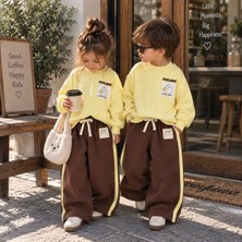 Cg Kids Power In Kindess Baskılı Sarı Sweatshirt - Kahverengi Şeritli Eşofman Altı Süper Kalite Kız & Erkek Çocuk