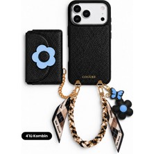 COGURE Hera iPhone 18 Pro / 17 Pro Uyumlu Çiçek  Magsafe Cüzdan, Charm, Fularlı Askı, Kılıf 4'lü Siyah Set
